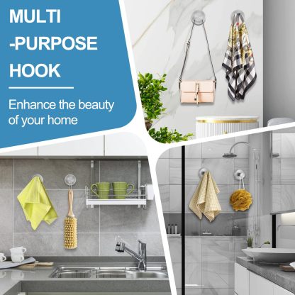 Suction Cup Hooks for Glass Window, Mirror, Wreaths - Shower Hooks for Inside Shower, No Drill Towel Hooks for Bathrooms, Bath Robe Coat Looafh Hook for Hanging - Silver(2 Pack)