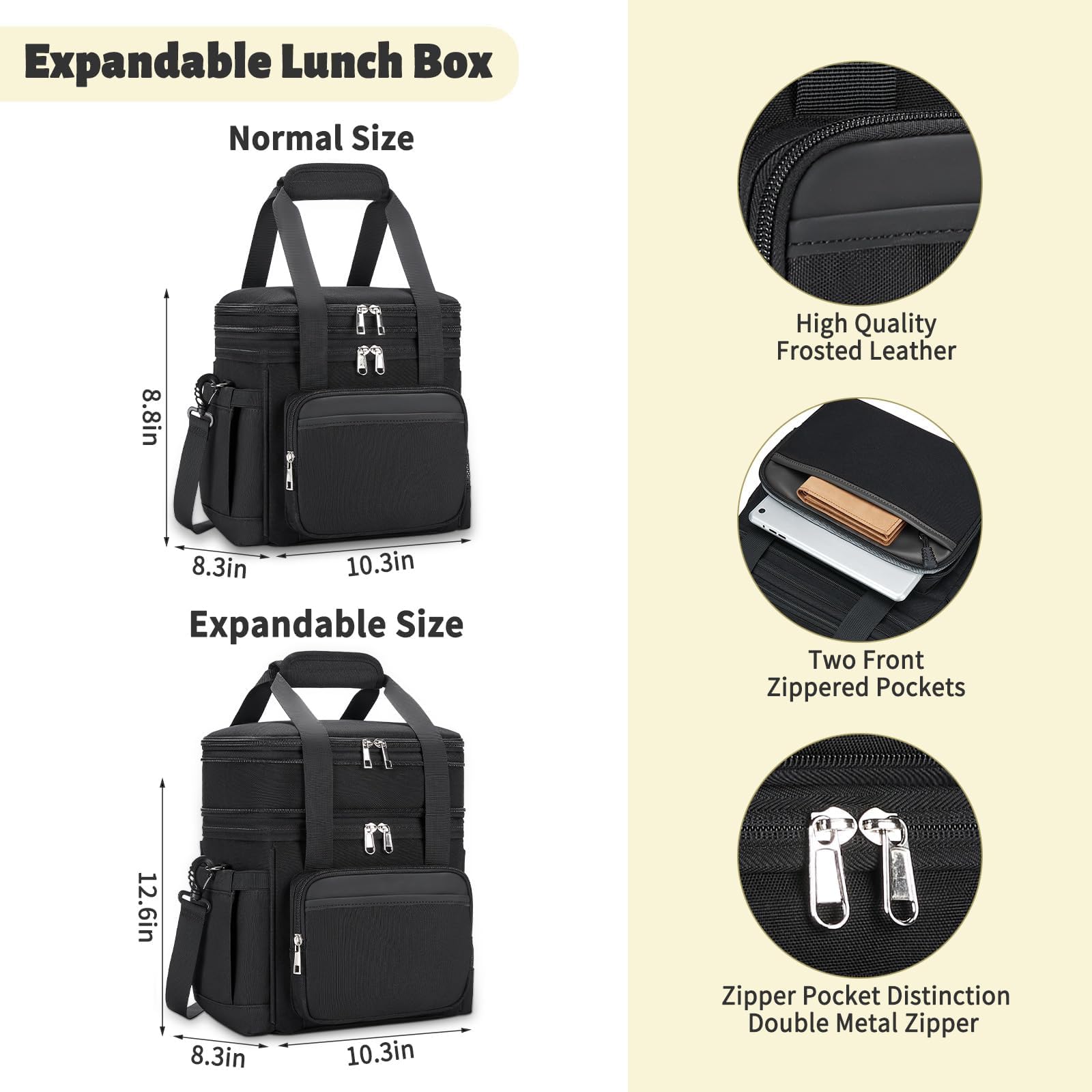 Insulated Lunch Bag & Lunch Box for Men - Double Deck Reusable Lunch Bag for Women Tote Cooler Bag Leakproof Soft Expandable - Large Lunchbox for Work/Adult/Picnic/Outdoor (Black，15L)