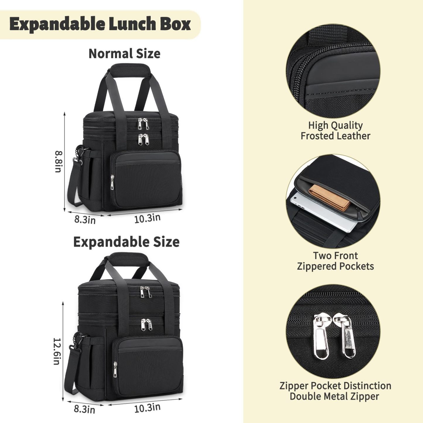 Insulated Lunch Bag & Lunch Box for Men - Double Deck Reusable Lunch Bag for Women Tote Cooler Bag Leakproof Soft Expandable - Large Lunchbox for Work/Adult/Picnic/Outdoor (Black，15L)
