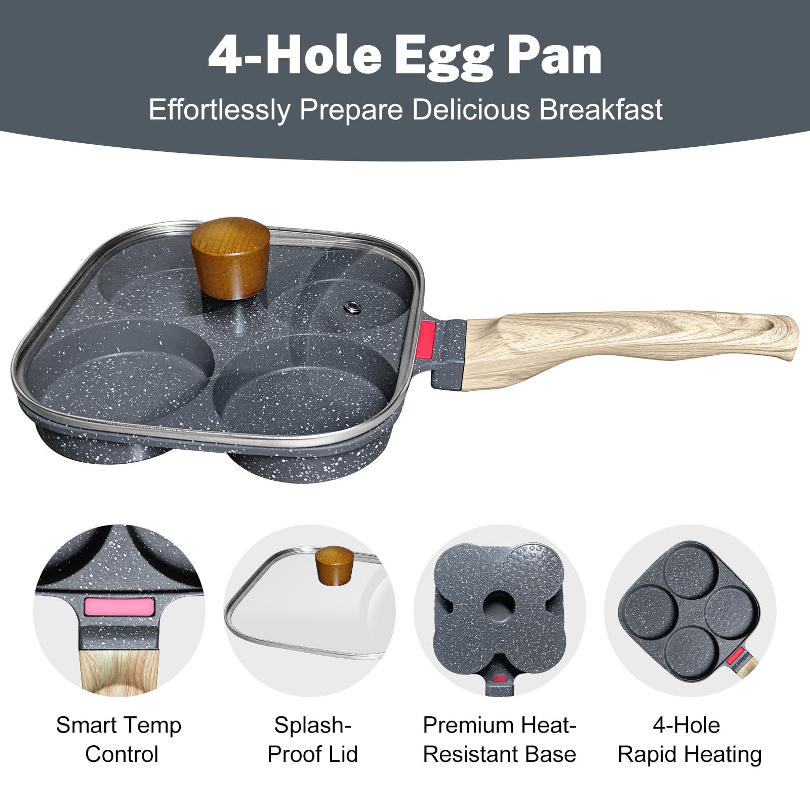4‑Cup Nonstick Egg Pan Set with Lid – Aluminum Omelette Skillet for Breakfast, Includes Silicone Scraper, Oil Brush, Chopsticks & Cleaning Cloth – Compatible with Gas & Induction Cooktops