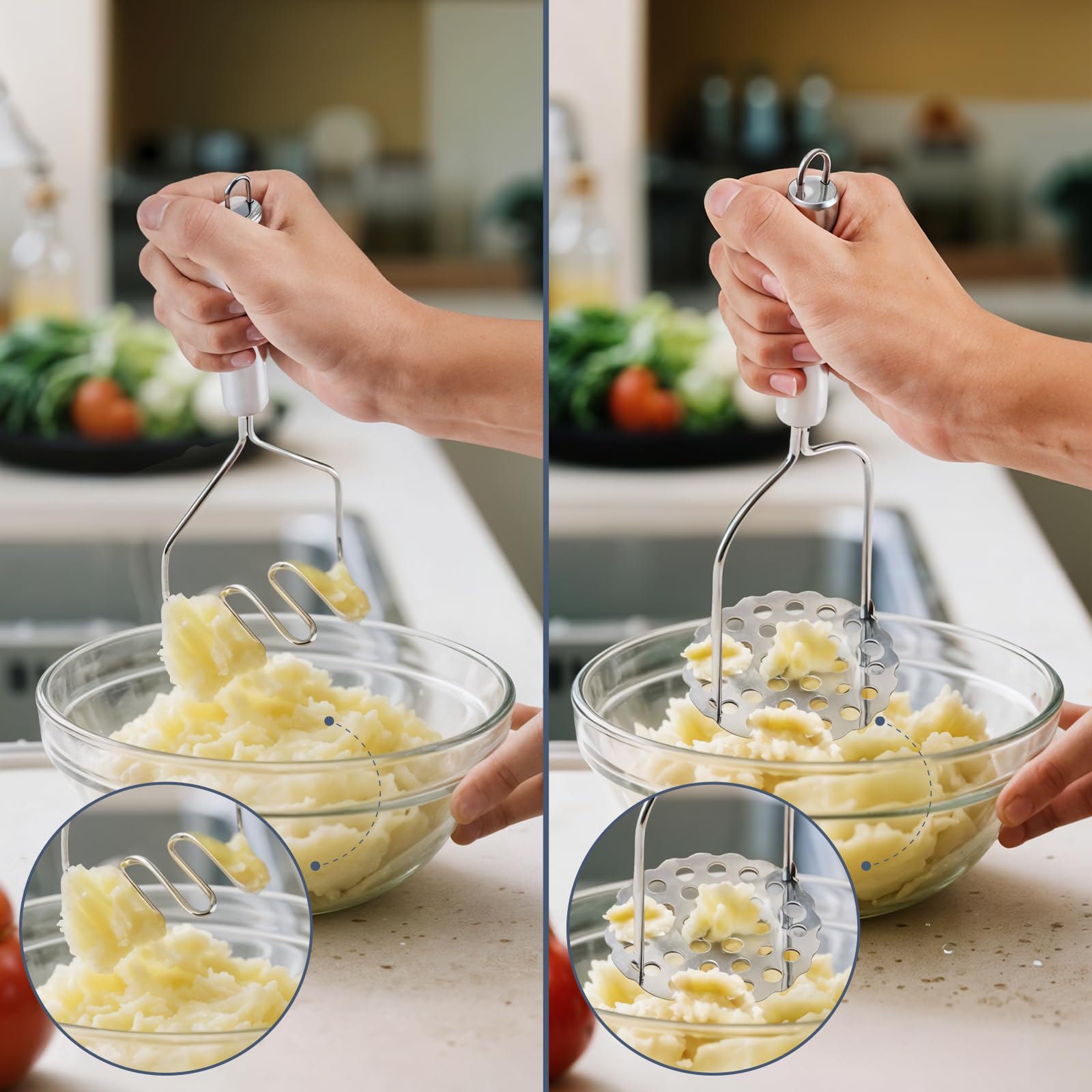 2PCS Mashed Potato Masher - Stainless Steel Potato Smasher, Masher Kitchen Tools & Utensils for Avocado, Bean, Salad, Vegetables, Fruit, Food, Meat Smasher Tool for Ground Beef