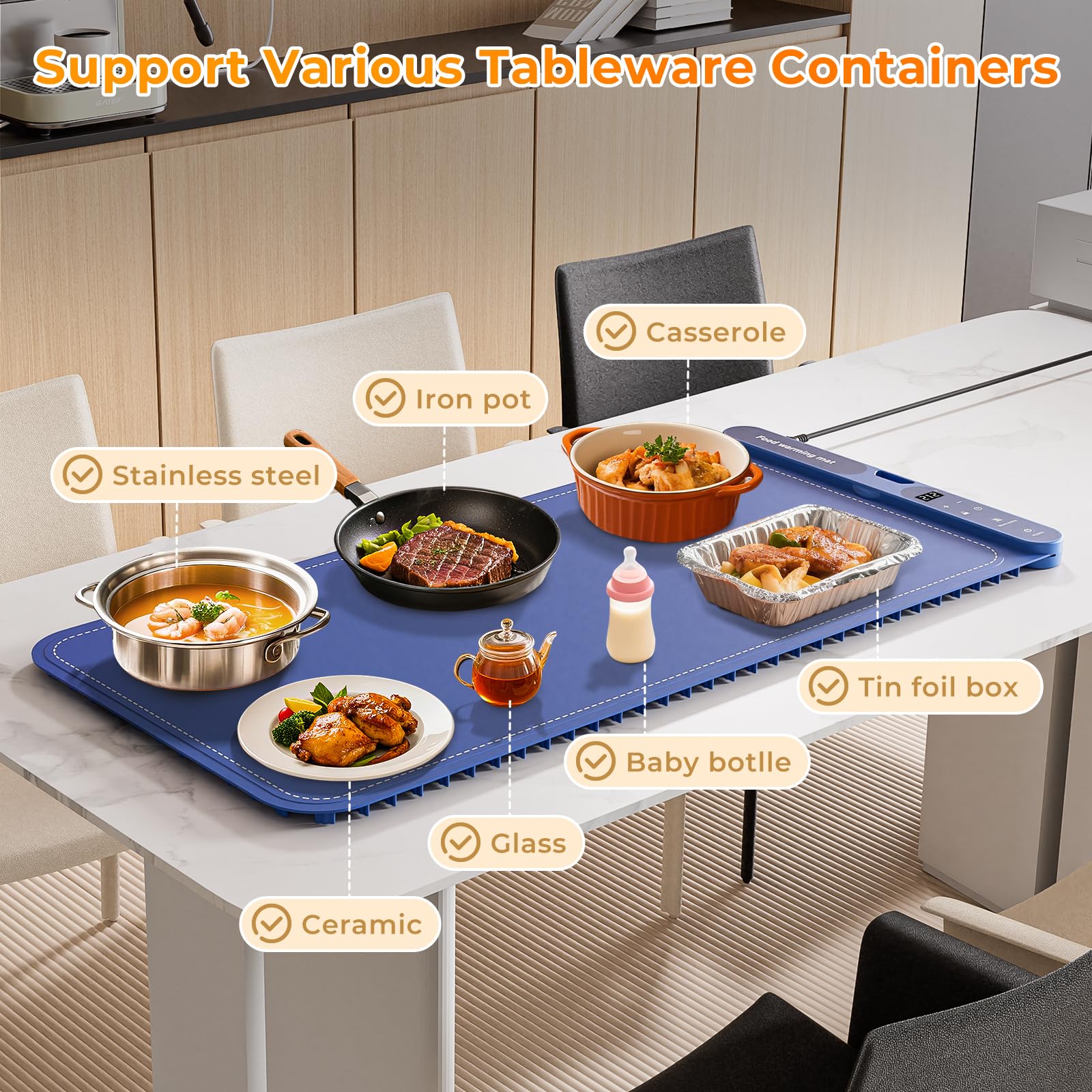 Warming Mat for Food Extra Large 32"x15", Electric Silicone Food Warmer Trays for Chafing Dishes & Buffet,Portable Countertop Food Warmers for Parties, 7-Level Temp 8-Hour Timer， Blue