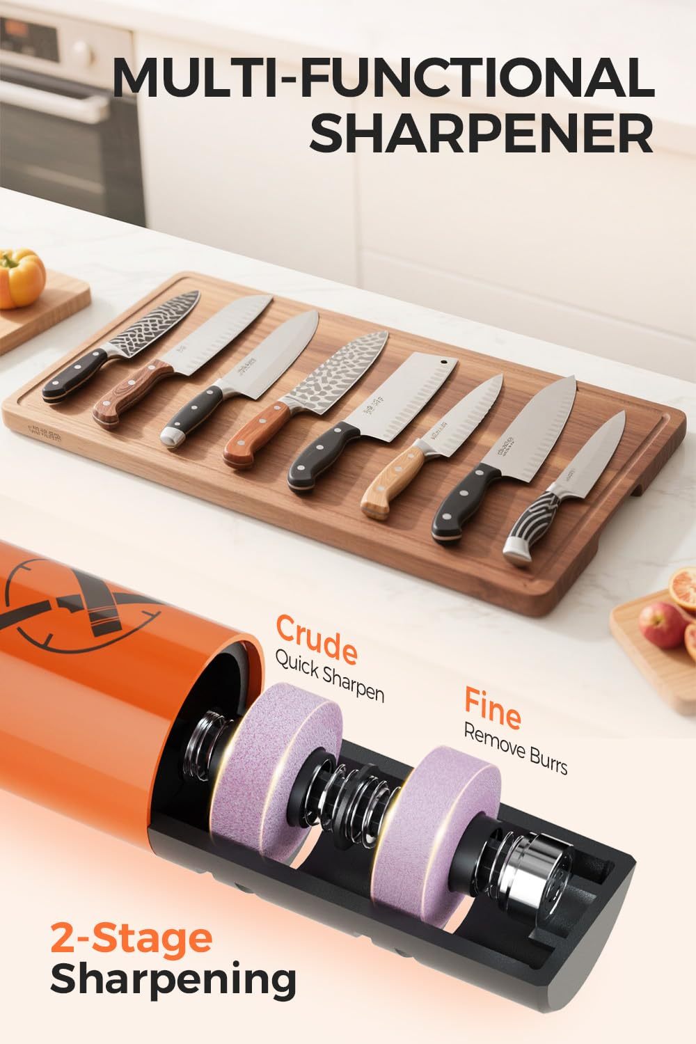 Electric Knife Sharpener, 3 Speed Max 7000RPM Handheld Sharpener for Kitchen Knives, the Electric Knife Sharpening Tool of Portable Cordless Rechargeable 2000mAh (Orange)