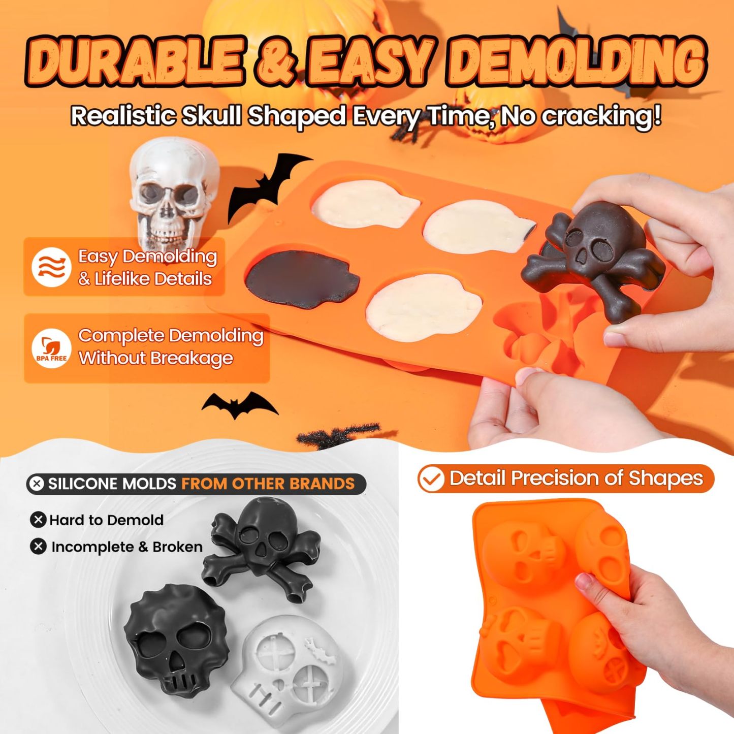 Halloween 2-Pack Skull Silicone Baking Molds Pan - 6-Cavity for Cakelet & Chocolate, BPA-Free Food Grade, Non-Stick Easy Release & Dishwasher Safe