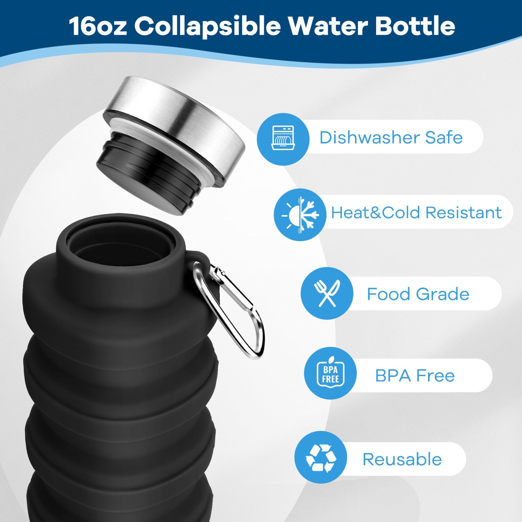 Collapsible Water Bottles 17oz, Portable Leak-Proof Travel Water Bottle, Reuseable BPA Free Silicone Foldable Water Bottle with Carabiner for Gym, Traveling, Camping, Hiking, Sports-Black