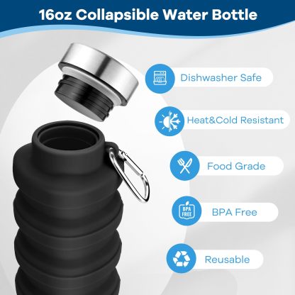 Collapsible Water Bottles 17oz, Portable Leak-Proof Travel Water Bottle, Reuseable BPA Free Silicone Foldable Water Bottle with Carabiner for Gym, Traveling, Camping, Hiking, Sports-Black