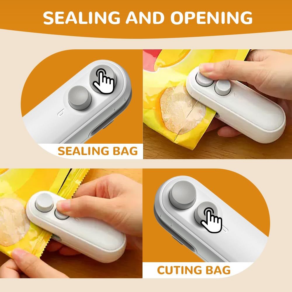 Mini Bag Sealer, 2025 Upgraded 2 in 1 Mini Bag Sealer with Cutter and Magnet, Rechargeable Mini Bags Sealer Portable Resealer Machine for Snack Plastic Bags Food Storage Travel 