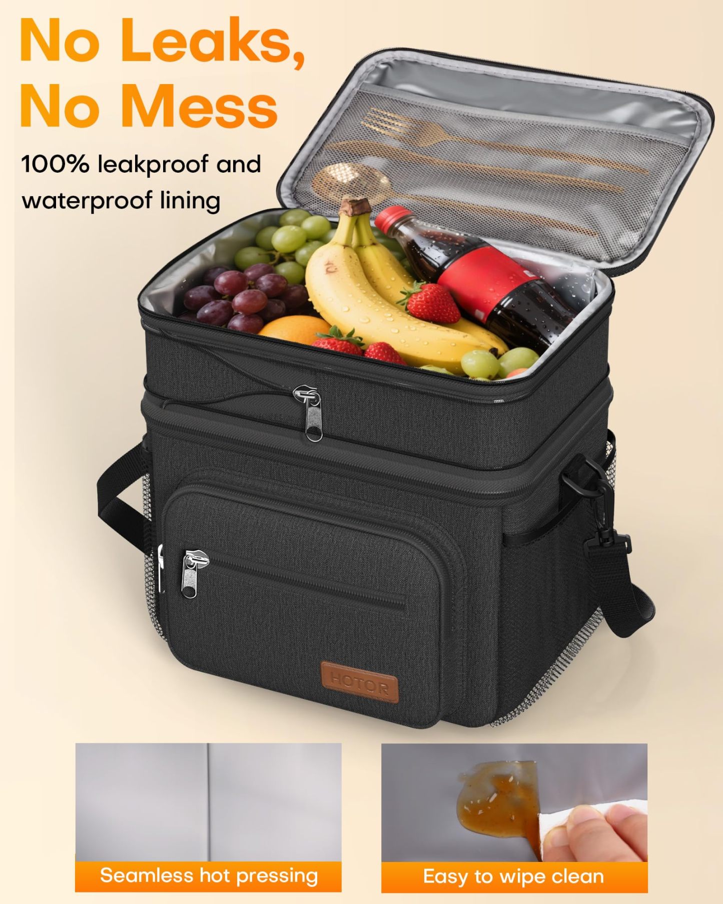 Lunch Box for Men & Women - Double-Layer Insulated Lunch Bag with Leakproof Liner, Portable Cooler for Work, Travel, or Picnic, Black, 12L