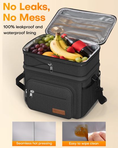 Lunch Box for Men & Women - Double-Layer Insulated Lunch Bag with Leakproof Liner, Portable Cooler for Work, Travel, or Picnic, Black, 12L