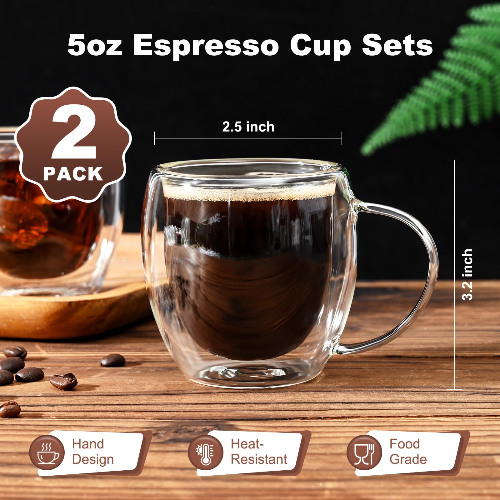 Espresso Cups Set of 2, Double Walled Glass Coffee Mugs 5 oz, Clear Insulated Glass Coffee Cups, Expresso Shots Cup with Handle, Clear Coffee Mug, Espresso Shot Cups, Glass Cups