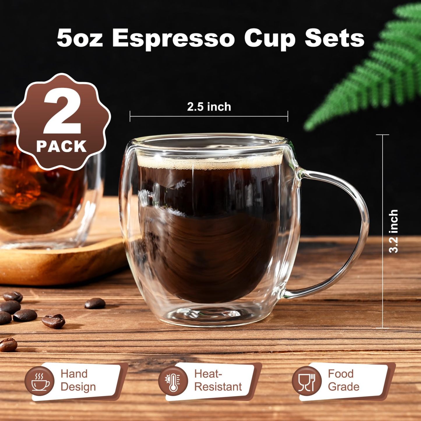 Espresso Cups Set of 2, Double Walled Glass Coffee Mugs 5 oz, Clear Insulated Glass Coffee Cups, Expresso Shots Cup with Handle, Clear Coffee Mug, Espresso Shot Cups, Glass Cups