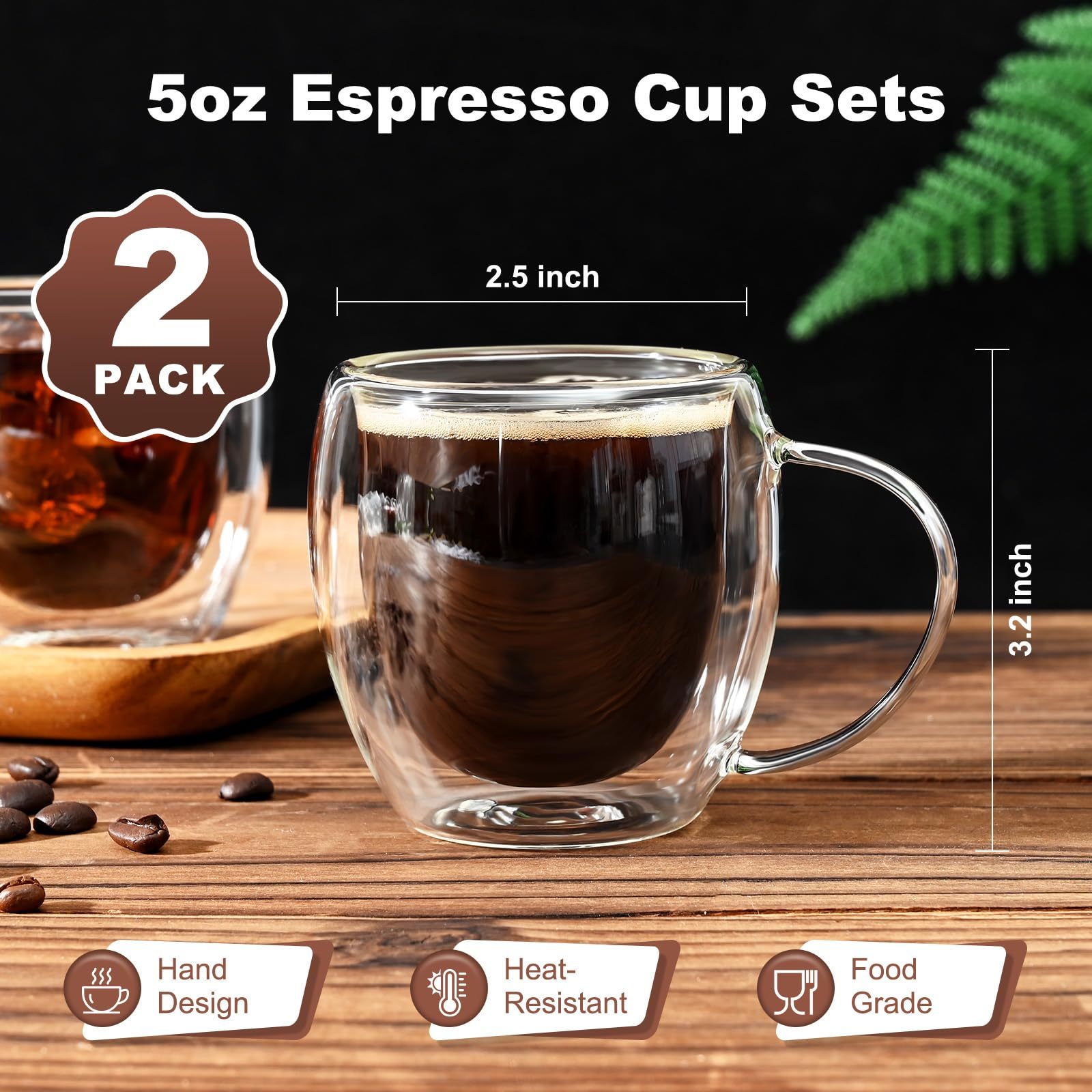 Espresso Cups Set of 2, Double Walled Glass Coffee Mugs 5 oz, Clear Insulated Glass Coffee Cups, Expresso Shots Cup with Handle, Clear Coffee Mug, Espresso Shot Cups, Glass Cups