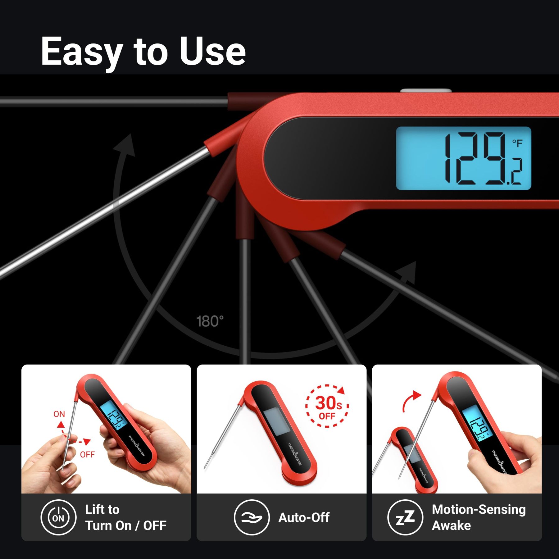 Professional 0.5 Sec Instant-Read-Meat-Thermometer-Digital, NIST Certified ±0.5℉ Accuracy, Auto Rotate Large LCD Display, 100% Waterproof Cooking Thermometer for Grill BBQ Smoker Oven Candy, Red