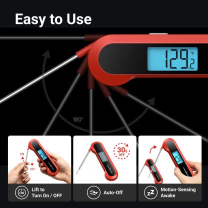 Professional 0.5 Sec Instant-Read-Meat-Thermometer-Digital, NIST Certified ±0.5℉ Accuracy, Auto Rotate Large LCD Display, 100% Waterproof Cooking Thermometer for Grill BBQ Smoker Oven Candy, Red