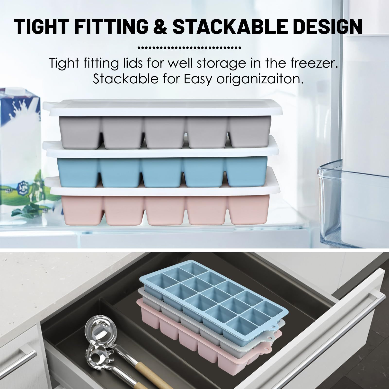 Silicone Ice Cube Trays 3Packs, Easy Release Ice Cube Molds with Lid, Freezer Stackable Ice Maker for Whiskey, Baby Food, BPA Free (Blue+Grey+Pink)