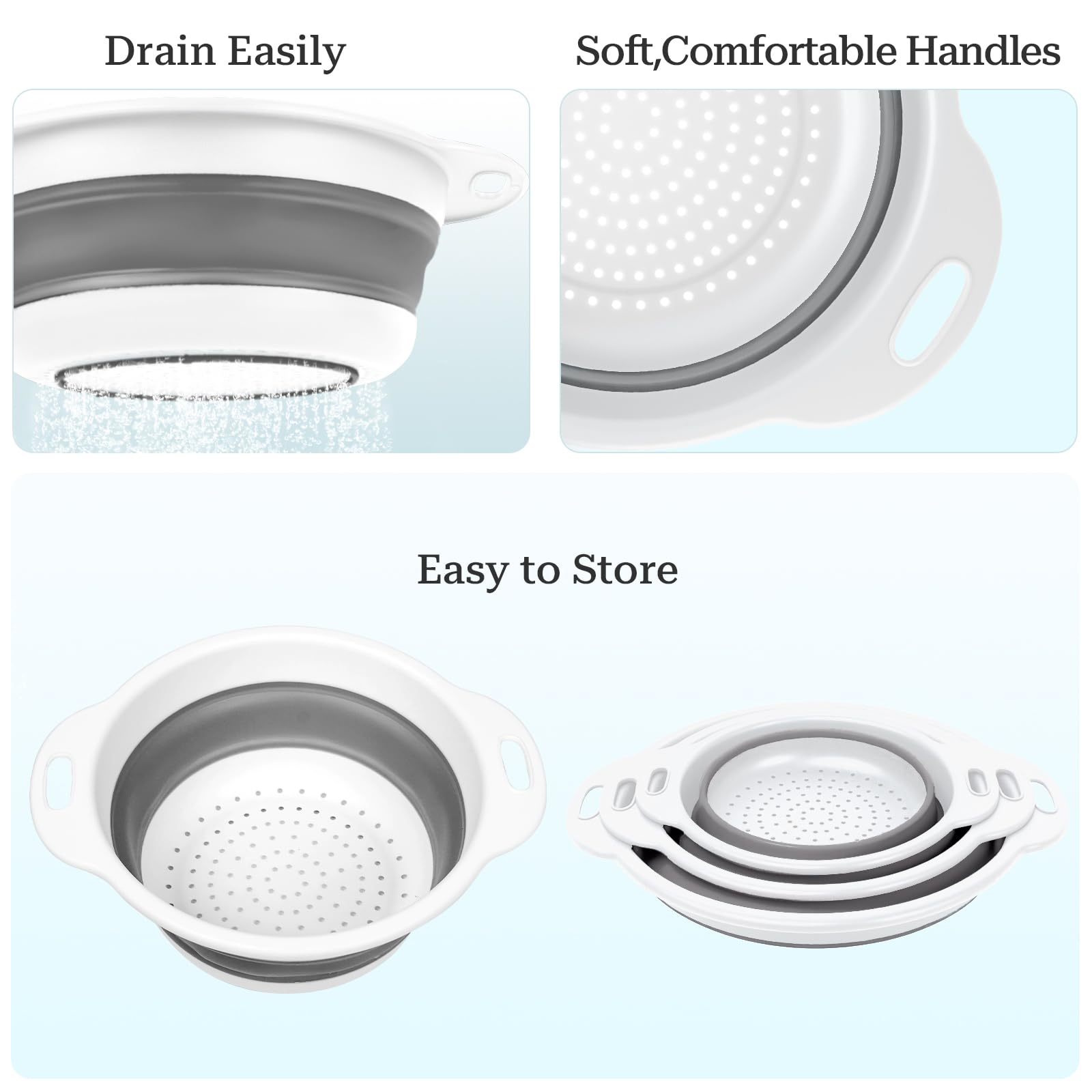 Collapsible Colander 3-Pack Set Space-Saving Foldable Kitchen Strainer with Non-Slip Base Durable Thickened PP+TPE Collapsible Strainers for Pasta, Vegetables, Fruits (Gray-White)