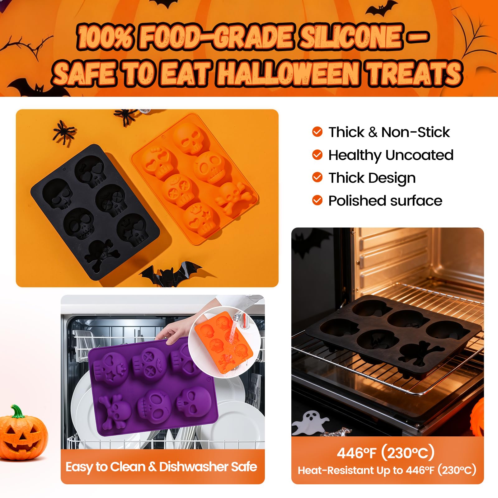 Halloween 2-Pack Skull Silicone Baking Molds Pan - 6-Cavity for Cakelet & Chocolate, BPA-Free Food Grade, Non-Stick Easy Release & Dishwasher Safe