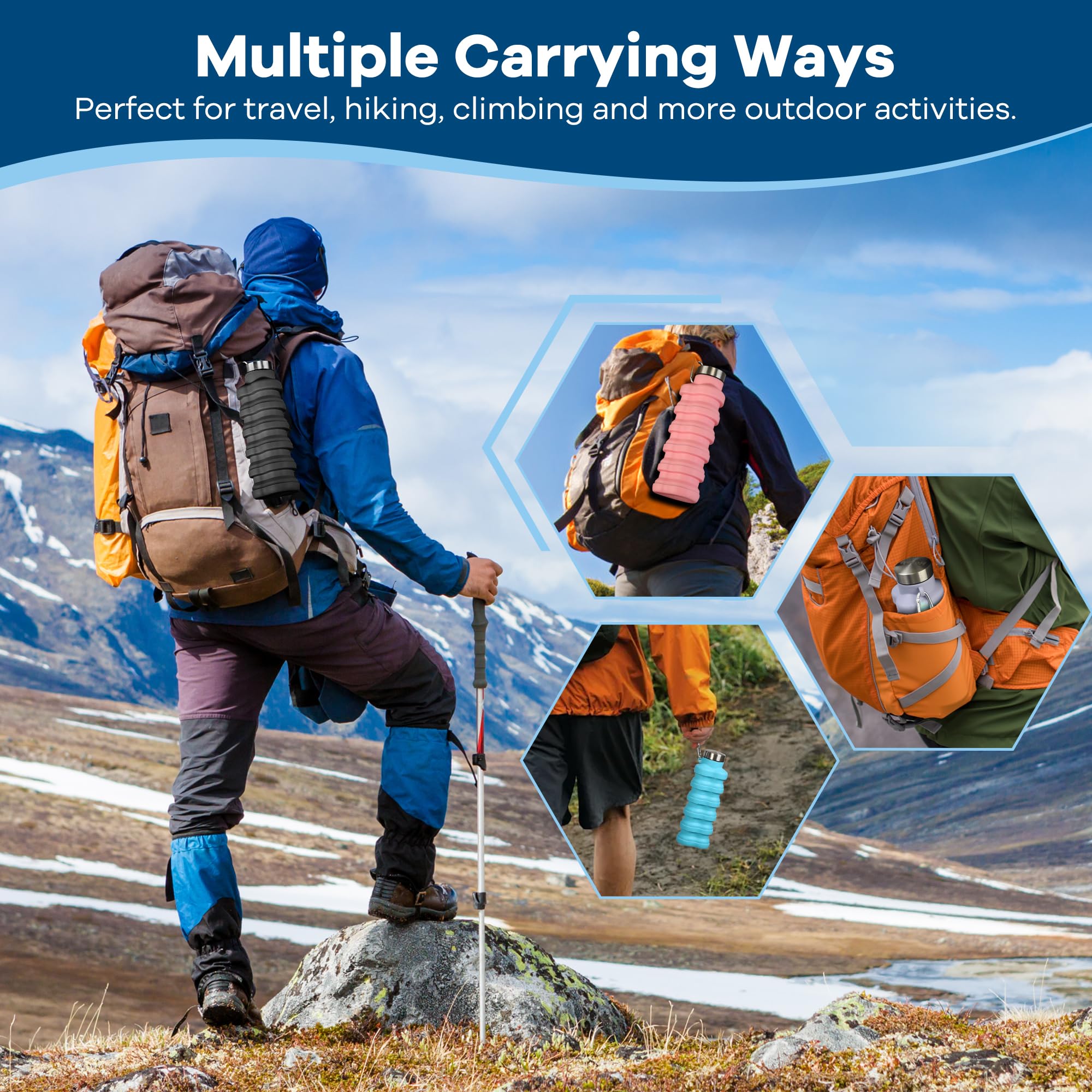 Collapsible Water Bottles 17oz, Portable Leak-Proof Travel Water Bottle, Reuseable BPA Free Silicone Foldable Water Bottle with Carabiner for Gym, Traveling, Camping, Hiking, Sports-Black