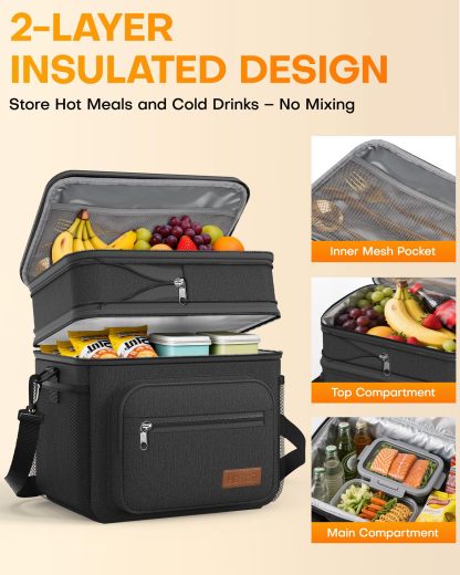 Lunch Box for Men & Women - Double-Layer Insulated Lunch Bag with Leakproof Liner, Portable Cooler for Work, Travel, or Picnic, Black, 12L