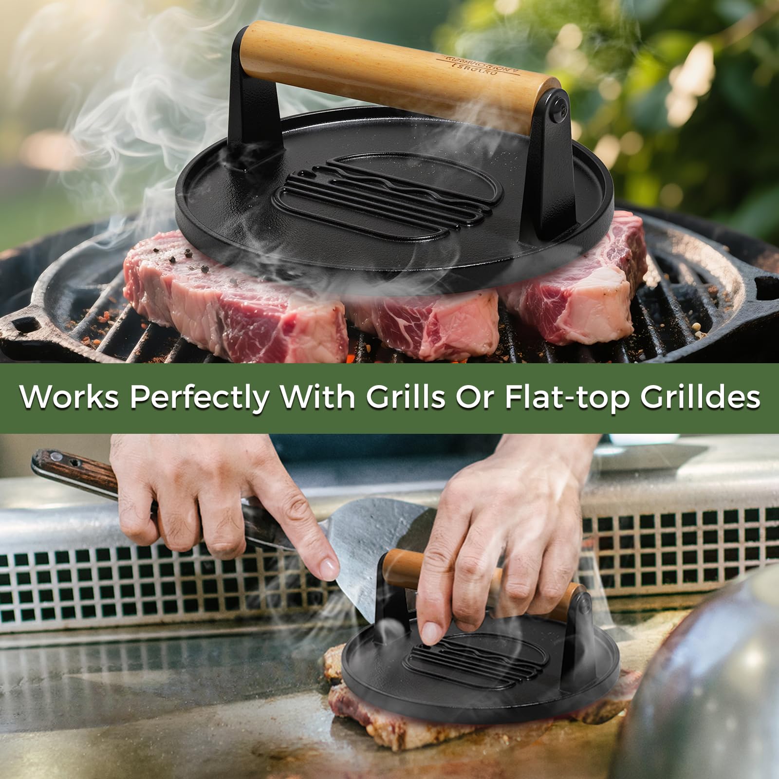 Cast Iron Smash Burger Press 7.1",Grill Bacon Meat Press Tool,Perfect for Blackstone, Camp Chef, Weber Grills & Indoor Griddles – BBQ & Cookout Must-Have (Round -Grooved)