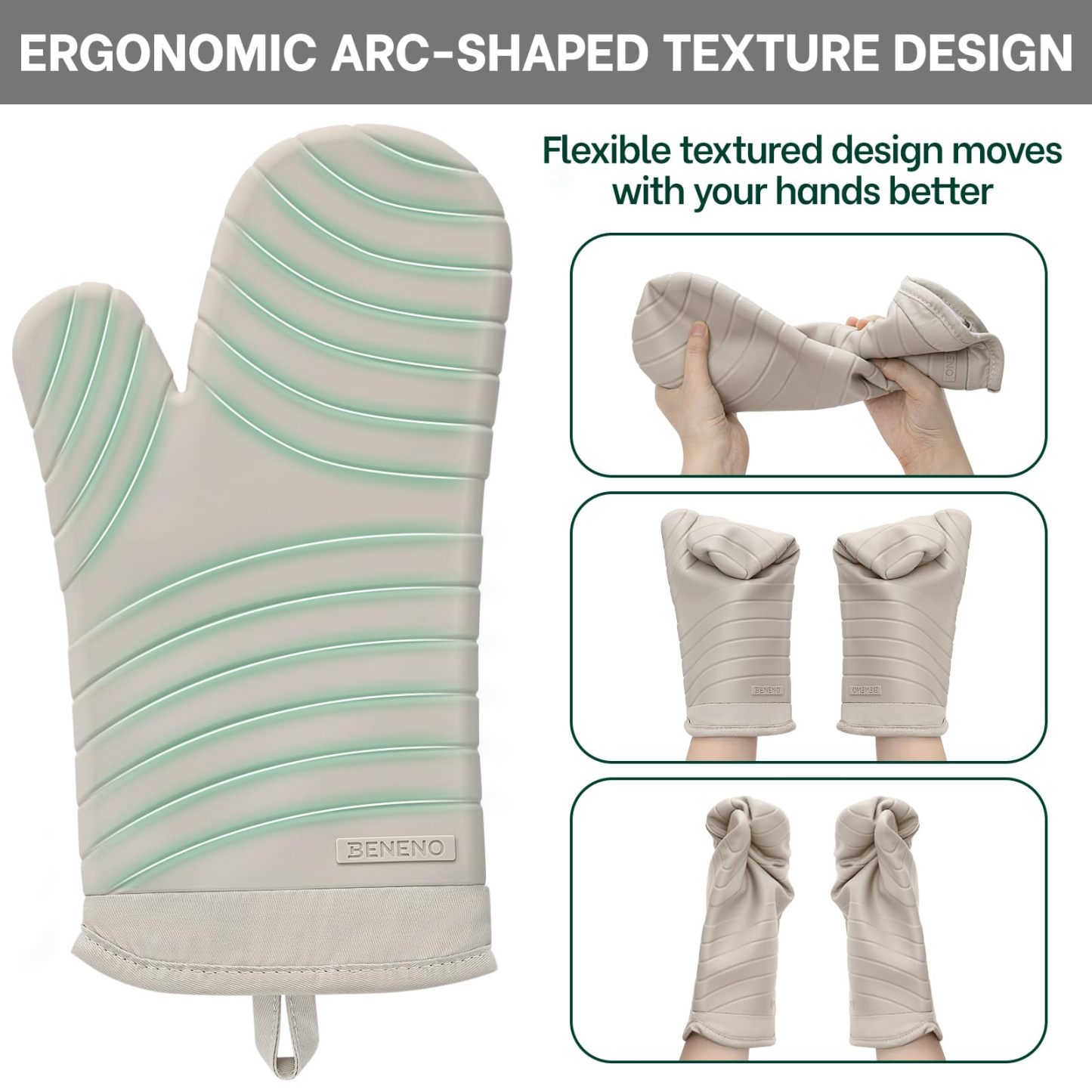 Premium Silicone Oven Mitts 2-Pack Heat Resistant 500°F, Soft Flexible Non-Slip Grips, BPA-Free & Waterproof Oven Mitts with Comfort Cotton Lining for Baking, Grilling, Cooking, 7"x13", Beige