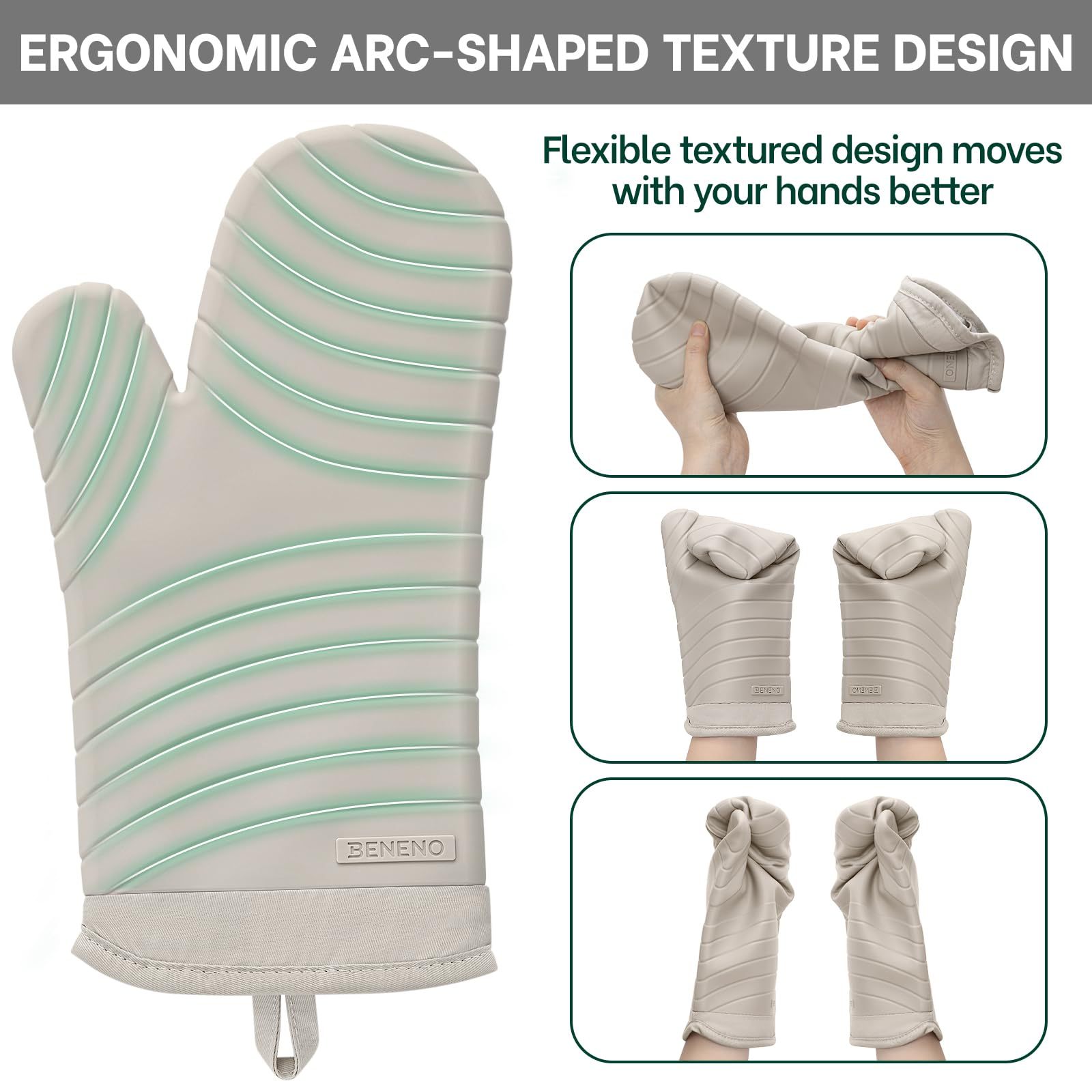 Premium Silicone Oven Mitts 2-Pack Heat Resistant 500°F, Soft Flexible Non-Slip Grips, BPA-Free & Waterproof Oven Mitts with Comfort Cotton Lining for Baking, Grilling, Cooking, 7"x13", Beige