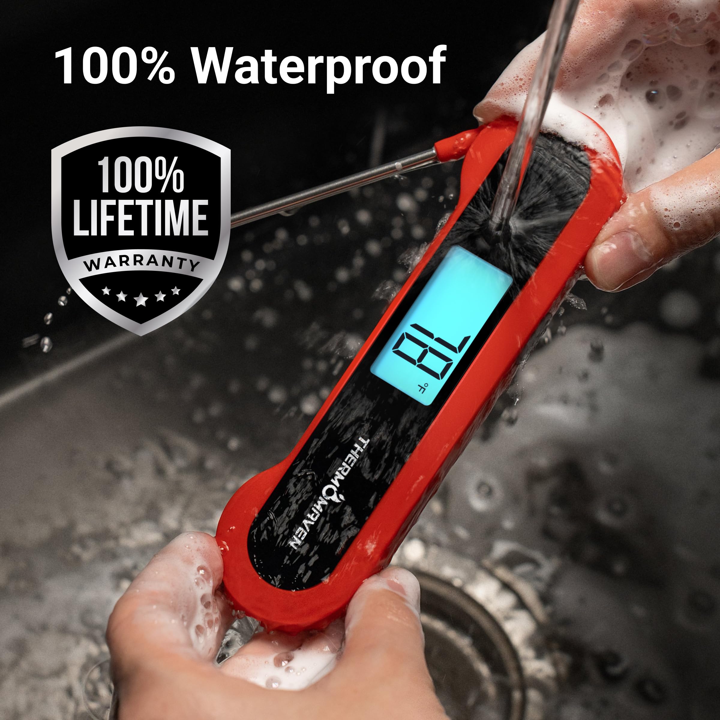 Professional 0.5 Sec Instant-Read-Meat-Thermometer-Digital, NIST Certified ±0.5℉ Accuracy, Auto Rotate Large LCD Display, 100% Waterproof Cooking Thermometer for Grill BBQ Smoker Oven Candy, Red