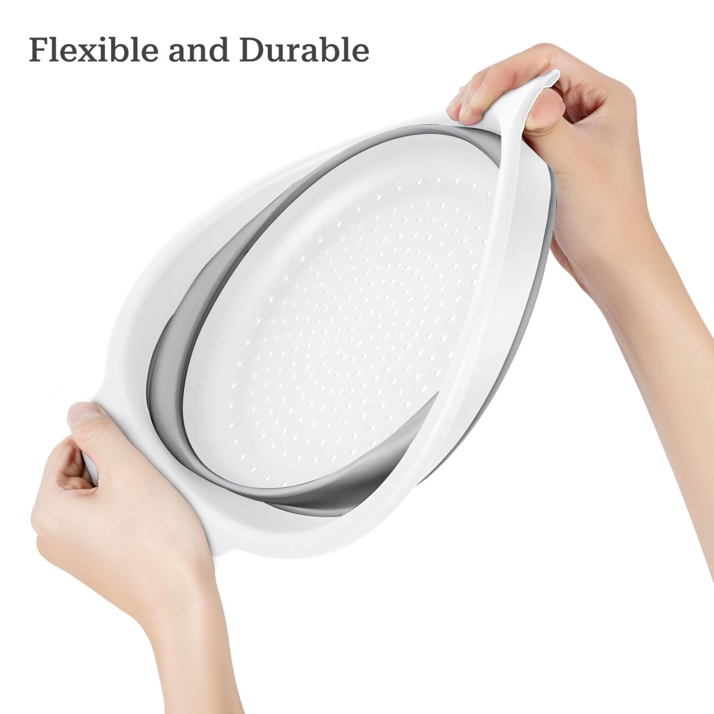 Collapsible Colander 3-Pack Set Space-Saving Foldable Kitchen Strainer with Non-Slip Base Durable Thickened PP+TPE Collapsible Strainers for Pasta, Vegetables, Fruits (Gray-White)