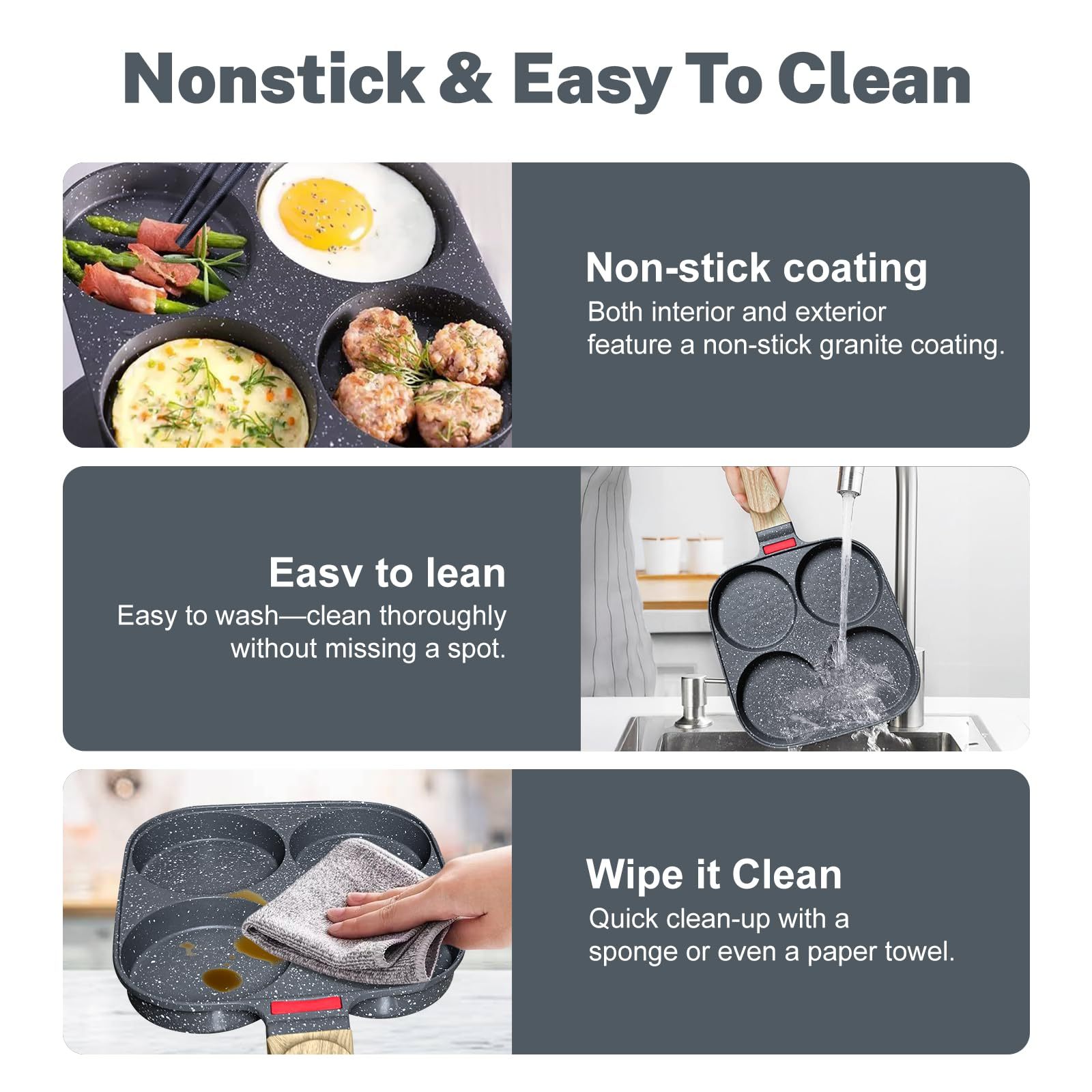 4‑Cup Nonstick Egg Pan Set with Lid – Aluminum Omelette Skillet for Breakfast, Includes Silicone Scraper, Oil Brush, Chopsticks & Cleaning Cloth – Compatible with Gas & Induction Cooktops