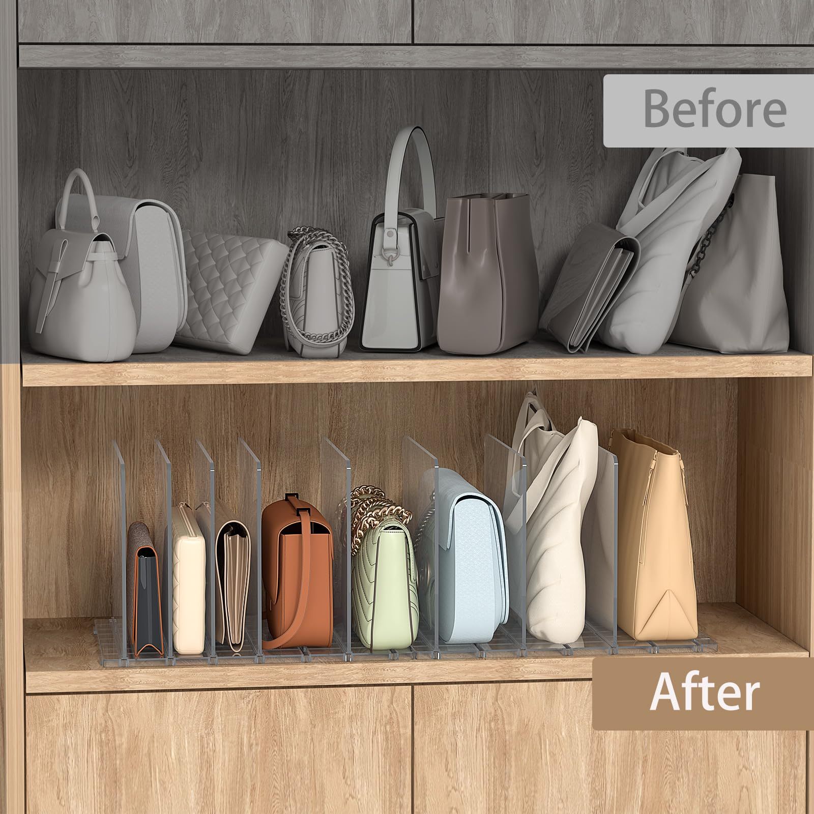 Bag & Purse Organizer for Closet: Adjustable Clear Handbag Storage Shelf - Plastic Clutch Dividers for Closet Organizers and Storage - Keep Carteras & Pocketbook Upright