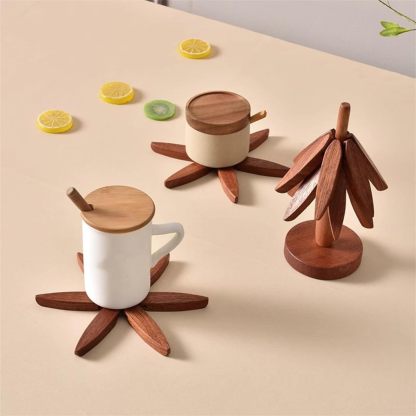 Walnut Wood Tree Trivet Set, Natural Tree Trivet Set - 4 Wooden Trivets & 1 Stand Like a Christmas, Foldable Kitchen Wooden,for Hotdishes Pot Bowl Teapot Hot Pot Holder (Walnut-C)