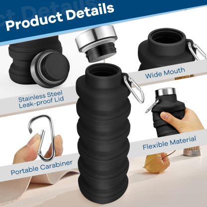 Collapsible Water Bottles 17oz, Portable Leak-Proof Travel Water Bottle, Reuseable BPA Free Silicone Foldable Water Bottle with Carabiner for Gym, Traveling, Camping, Hiking, Sports-Black
