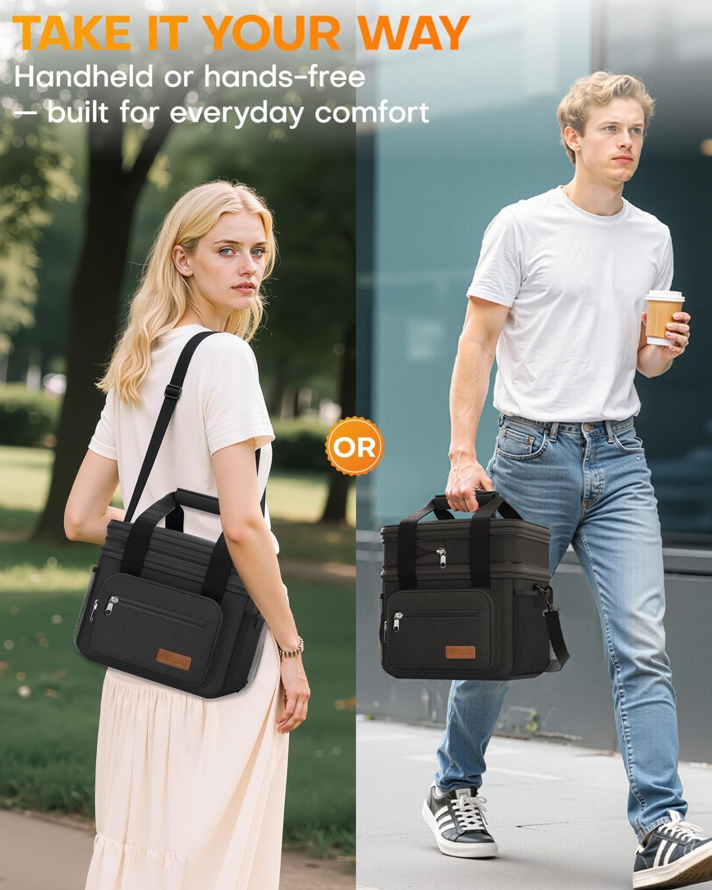 Lunch Box for Men & Women - Double-Layer Insulated Lunch Bag with Leakproof Liner, Portable Cooler for Work, Travel, or Picnic, Black, 12L