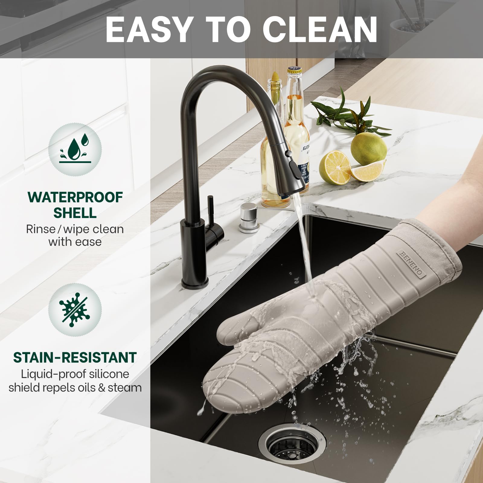 Premium Silicone Oven Mitts 2-Pack Heat Resistant 500°F, Soft Flexible Non-Slip Grips, BPA-Free & Waterproof Oven Mitts with Comfort Cotton Lining for Baking, Grilling, Cooking, 7"x13", Beige