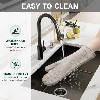 Premium Silicone Oven Mitts 2-Pack Heat Resistant 500°F, Soft Flexible Non-Slip Grips, BPA-Free & Waterproof Oven Mitts with Comfort Cotton Lining for Baking, Grilling, Cooking, 7"x13", Beige