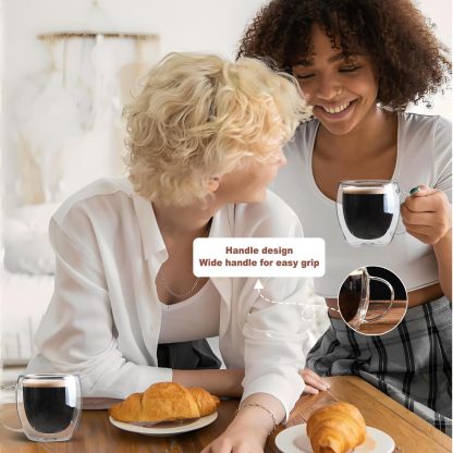 Espresso Cups Set of 2, Double Walled Glass Coffee Mugs 5 oz, Clear Insulated Glass Coffee Cups, Expresso Shots Cup with Handle, Clear Coffee Mug, Espresso Shot Cups, Glass Cups