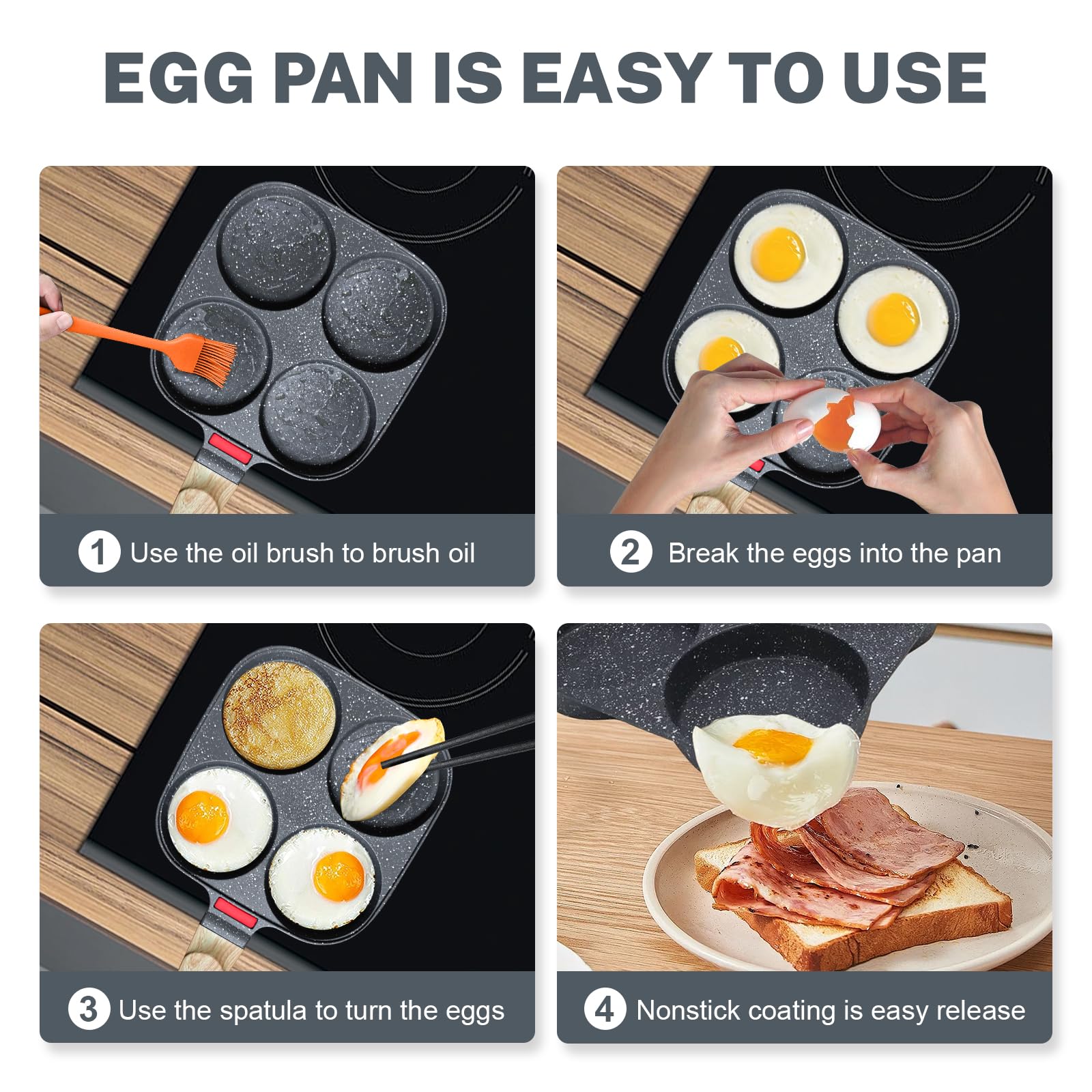 4‑Cup Nonstick Egg Pan Set with Lid – Aluminum Omelette Skillet for Breakfast, Includes Silicone Scraper, Oil Brush, Chopsticks & Cleaning Cloth – Compatible with Gas & Induction Cooktops