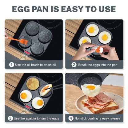 4‑Cup Nonstick Egg Pan Set with Lid – Aluminum Omelette Skillet for Breakfast, Includes Silicone Scraper, Oil Brush, Chopsticks & Cleaning Cloth – Compatible with Gas & Induction Cooktops