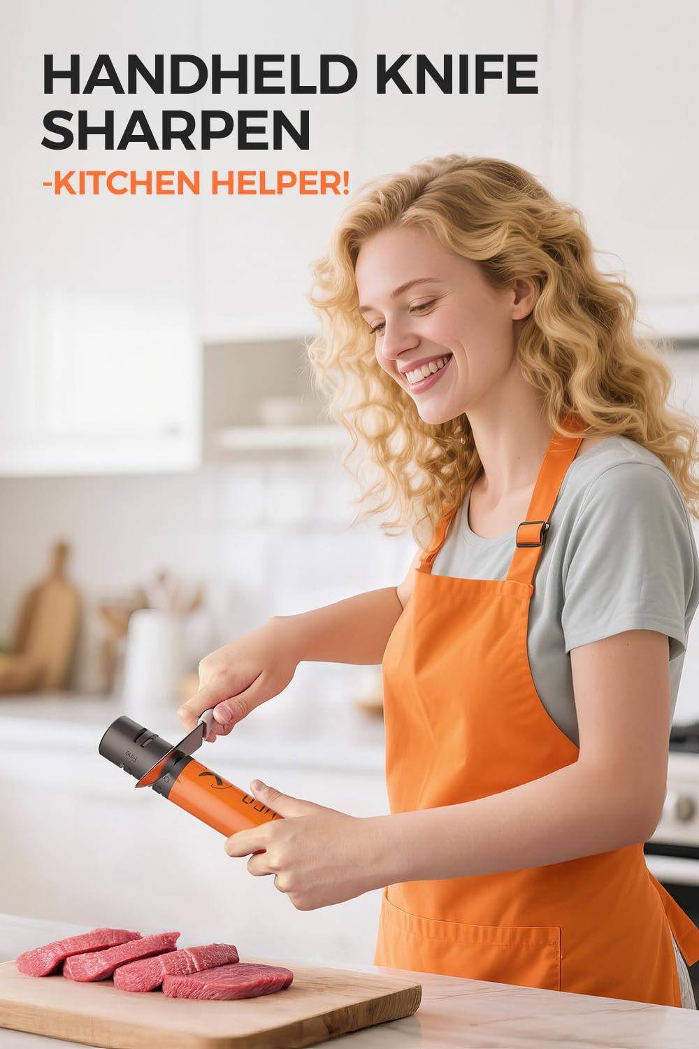 Electric Knife Sharpener, 3 Speed Max 7000RPM Handheld Sharpener for Kitchen Knives, the Electric Knife Sharpening Tool of Portable Cordless Rechargeable 2000mAh (Orange)