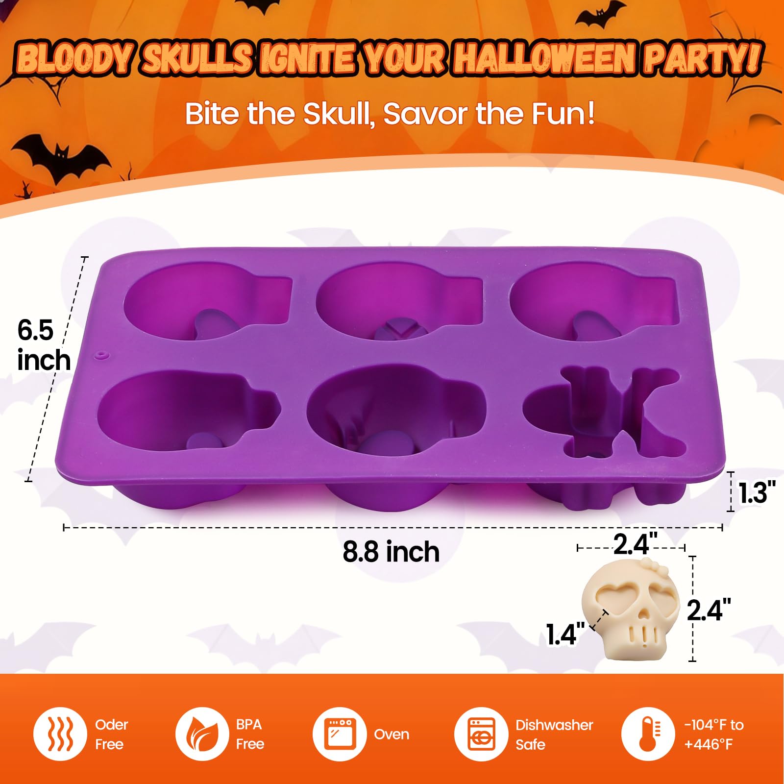 Halloween 2-Pack Skull Silicone Baking Molds Pan - 6-Cavity for Cakelet & Chocolate, BPA-Free Food Grade, Non-Stick Easy Release & Dishwasher Safe