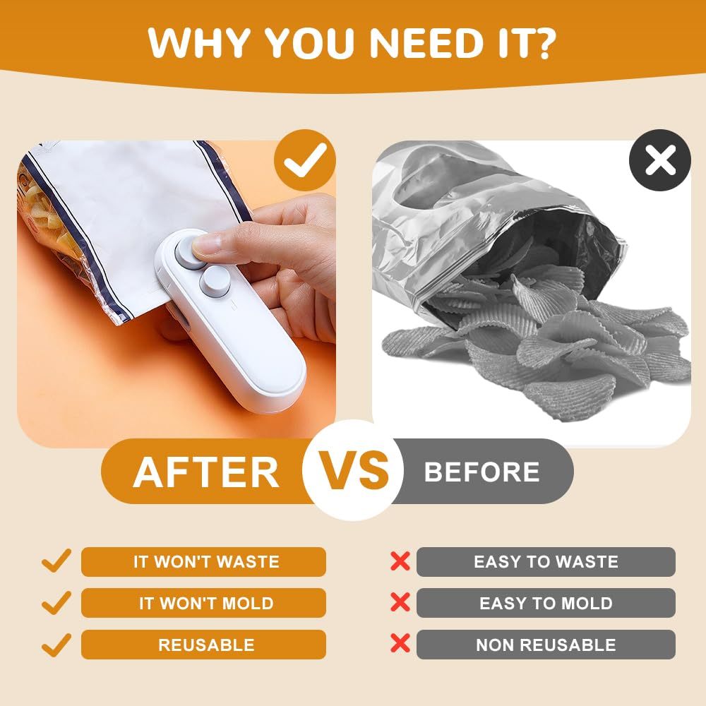Mini Bag Sealer, 2025 Upgraded 2 in 1 Mini Bag Sealer with Cutter and Magnet, Rechargeable Mini Bags Sealer Portable Resealer Machine for Snack Plastic Bags Food Storage Travel 