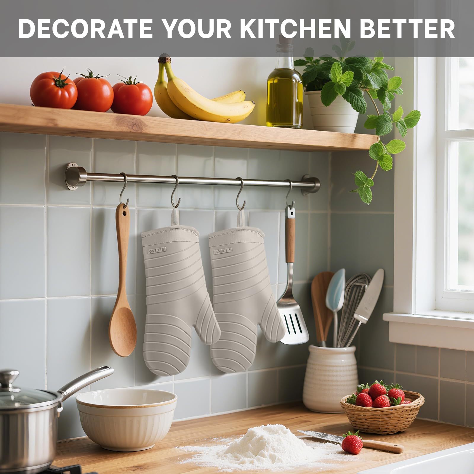 Premium Silicone Oven Mitts 2-Pack Heat Resistant 500°F, Soft Flexible Non-Slip Grips, BPA-Free & Waterproof Oven Mitts with Comfort Cotton Lining for Baking, Grilling, Cooking, 7"x13", Beige