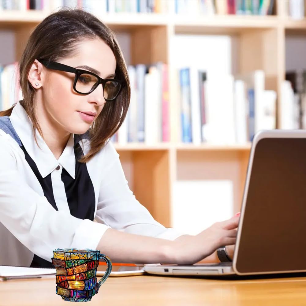 Painted Book Mug, Unique Colorful Resin Stacked Books Coffee Cup, A Collectible Gift for Readers, Librarians and Literature Lovers