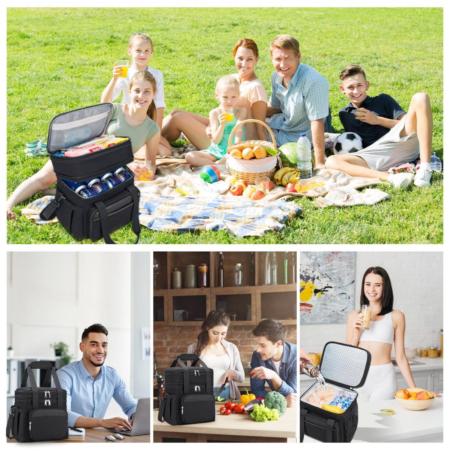 Insulated Lunch Bag & Lunch Box for Men - Double Deck Reusable Lunch Bag for Women Tote Cooler Bag Leakproof Soft Expandable - Large Lunchbox for Work/Adult/Picnic/Outdoor (Black，15L)