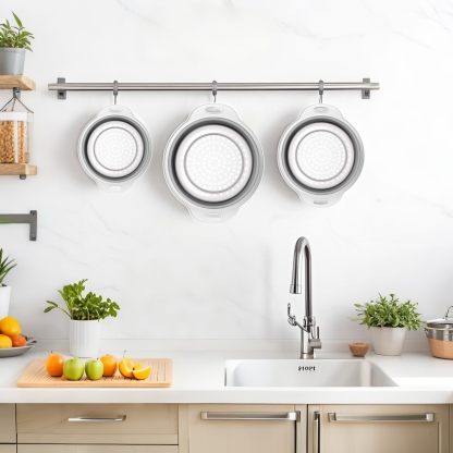 Collapsible Colander 3-Pack Set Space-Saving Foldable Kitchen Strainer with Non-Slip Base Durable Thickened PP+TPE Collapsible Strainers for Pasta, Vegetables, Fruits (Gray-White)