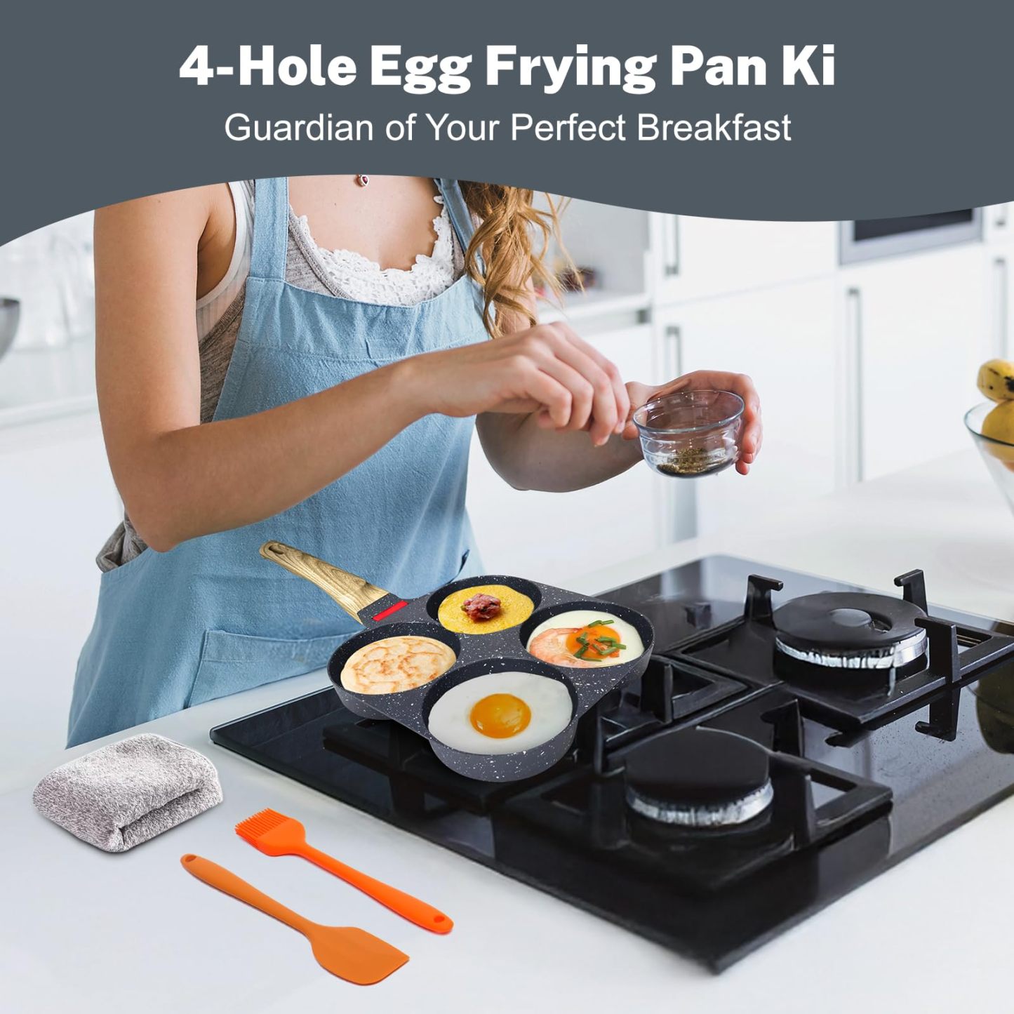 4‑Cup Nonstick Egg Pan Set with Lid – Aluminum Omelette Skillet for Breakfast, Includes Silicone Scraper, Oil Brush, Chopsticks & Cleaning Cloth – Compatible with Gas & Induction Cooktops
