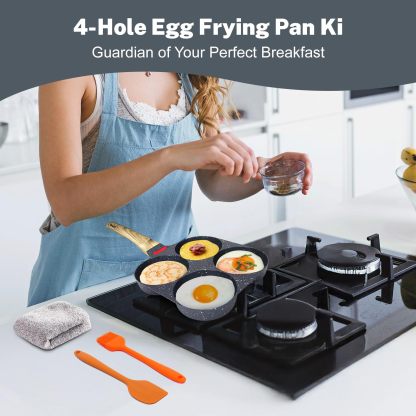 4‑Cup Nonstick Egg Pan Set with Lid – Aluminum Omelette Skillet for Breakfast, Includes Silicone Scraper, Oil Brush, Chopsticks & Cleaning Cloth – Compatible with Gas & Induction Cooktops