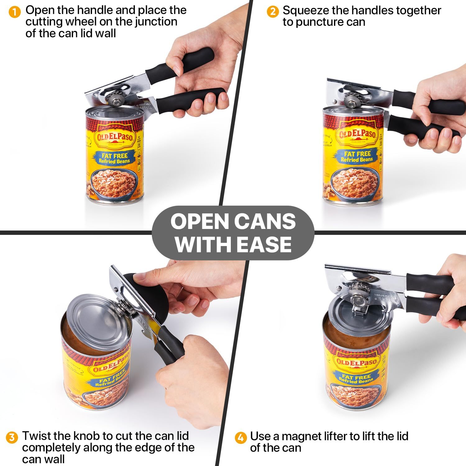 Can Opener Manual Heavy Duty, UHIYEE Hand Held Can Openers for Seniors with Comfort Grip Sharp Blade, Solid Steel Hand Manual Can Open with Magnet for Kitchen Camping, Black