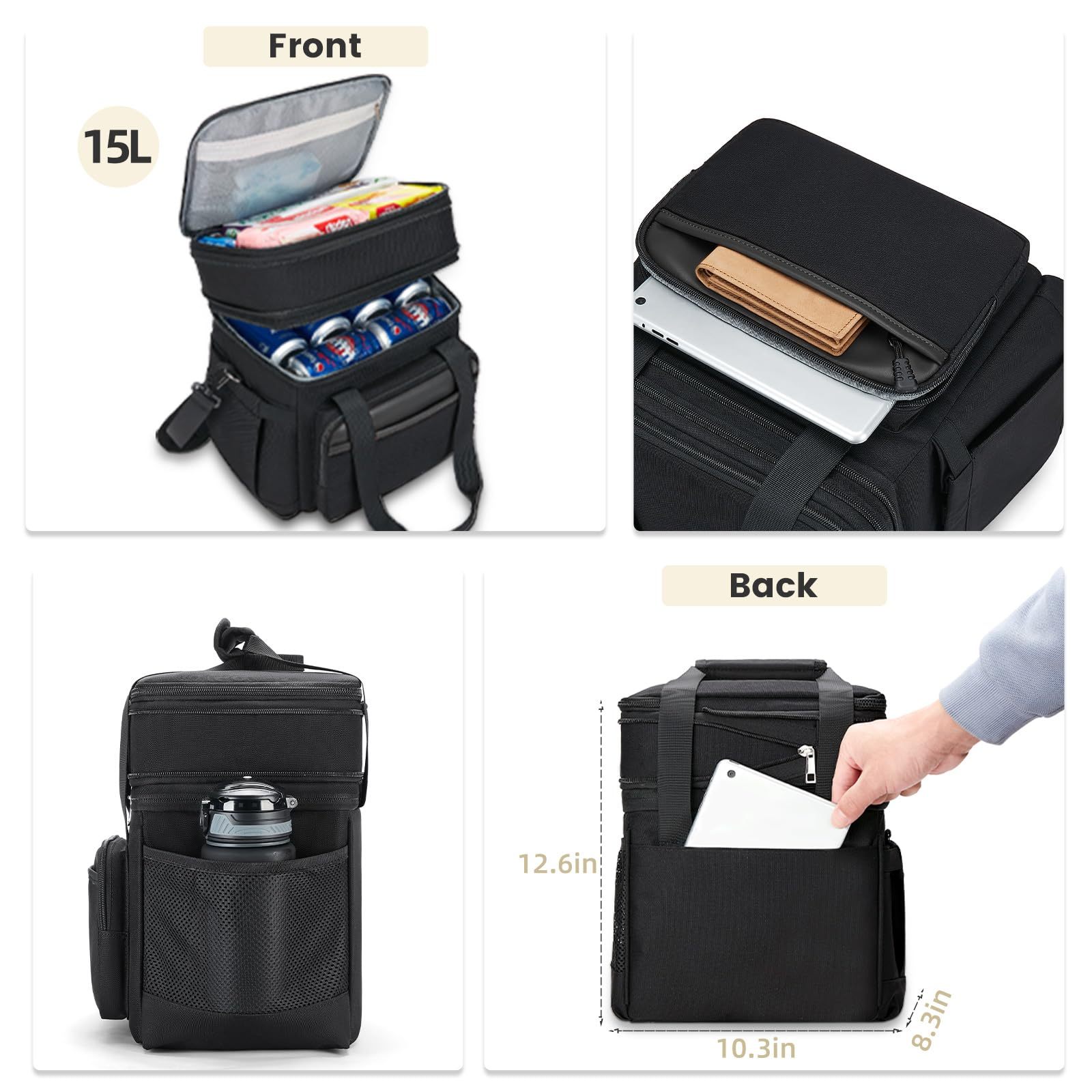 Insulated Lunch Bag & Lunch Box for Men - Double Deck Reusable Lunch Bag for Women Tote Cooler Bag Leakproof Soft Expandable - Large Lunchbox for Work/Adult/Picnic/Outdoor (Black，15L)