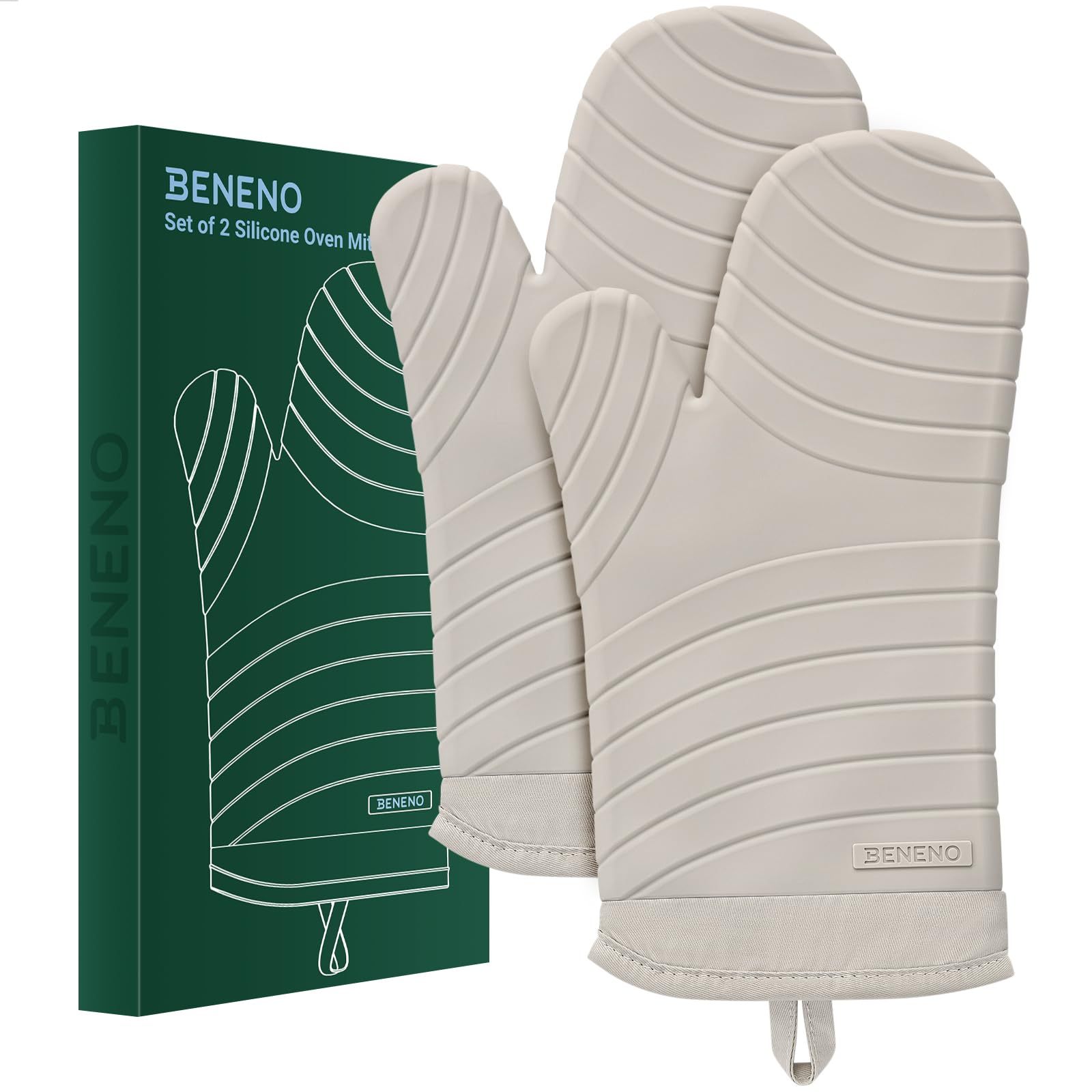 Premium Silicone Oven Mitts 2-Pack Heat Resistant 500°F, Soft Flexible Non-Slip Grips, BPA-Free & Waterproof Oven Mitts with Comfort Cotton Lining for Baking, Grilling, Cooking, 7"x13", Beige